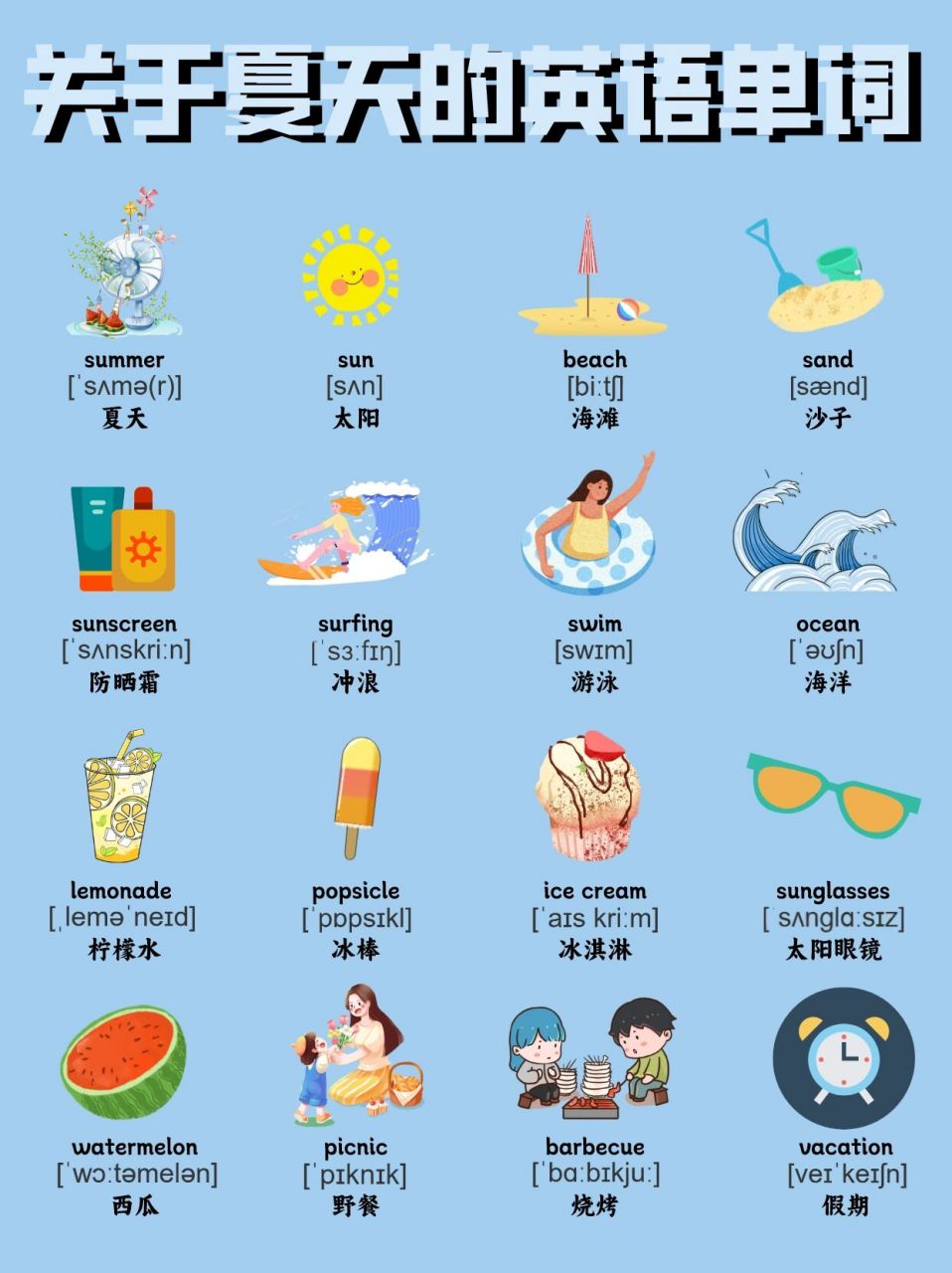 零基础英语——关于夏天的英语单词 最近的天气是越来越热了,很多人都