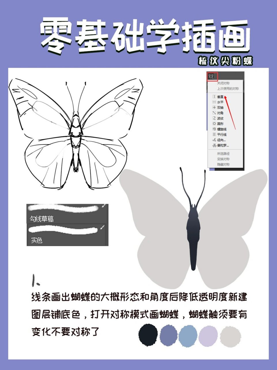 【插画教程】教你画梳尖纹粉蝶 166线条画出蝴蝶03的大概形态87