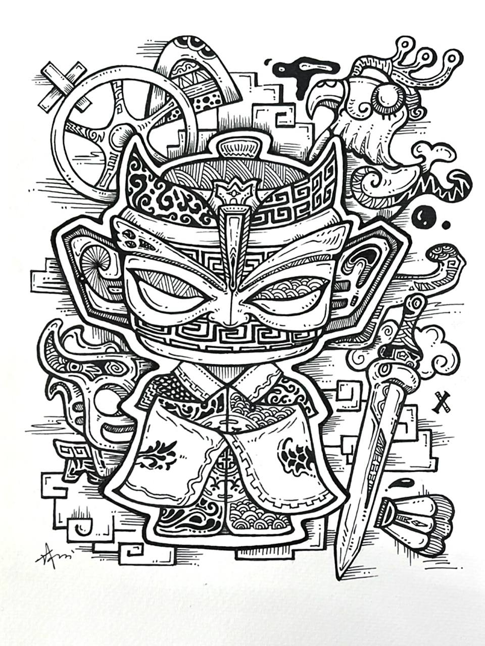 黑白简笔画|趣味三星堆手绘线描附过程 神秘的三星堆文化和他的方向盘