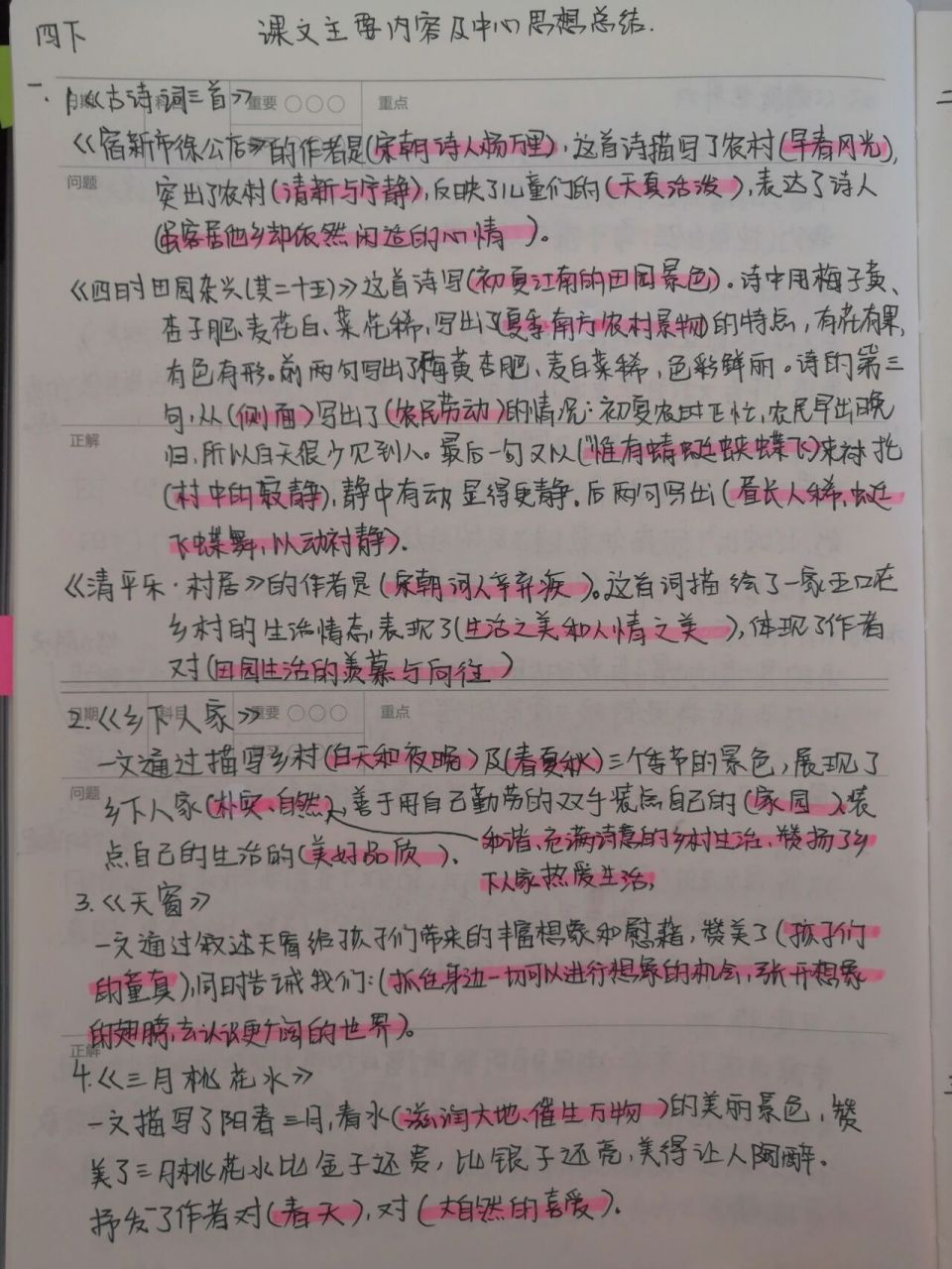 四年級下冊-課文主要內容及中心思想總結 第一單元:古詩詞三首:宿新市