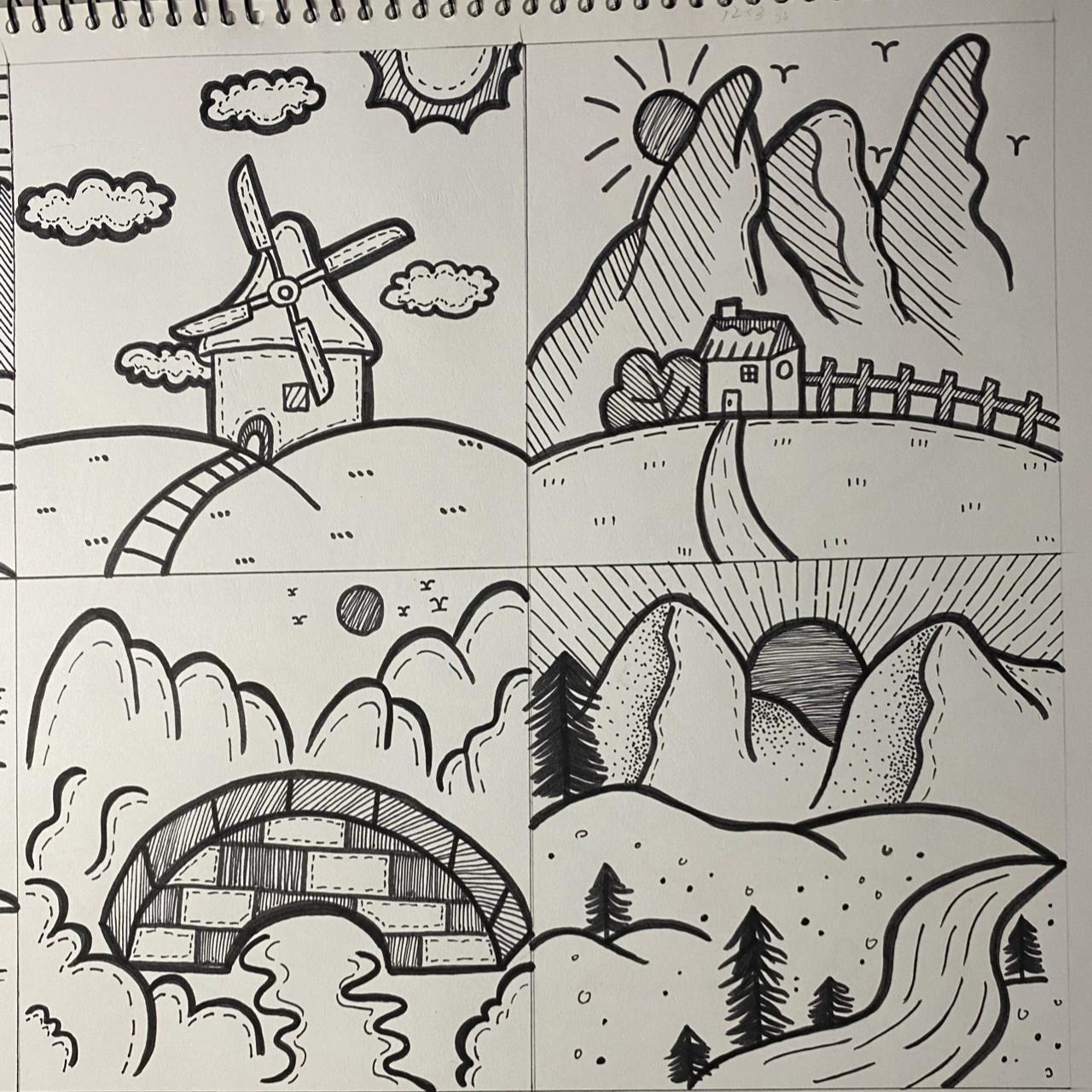 风景简笔画|黑白灰 12*12的格子,临摹的风景画,稍微的加了一点料,还挺