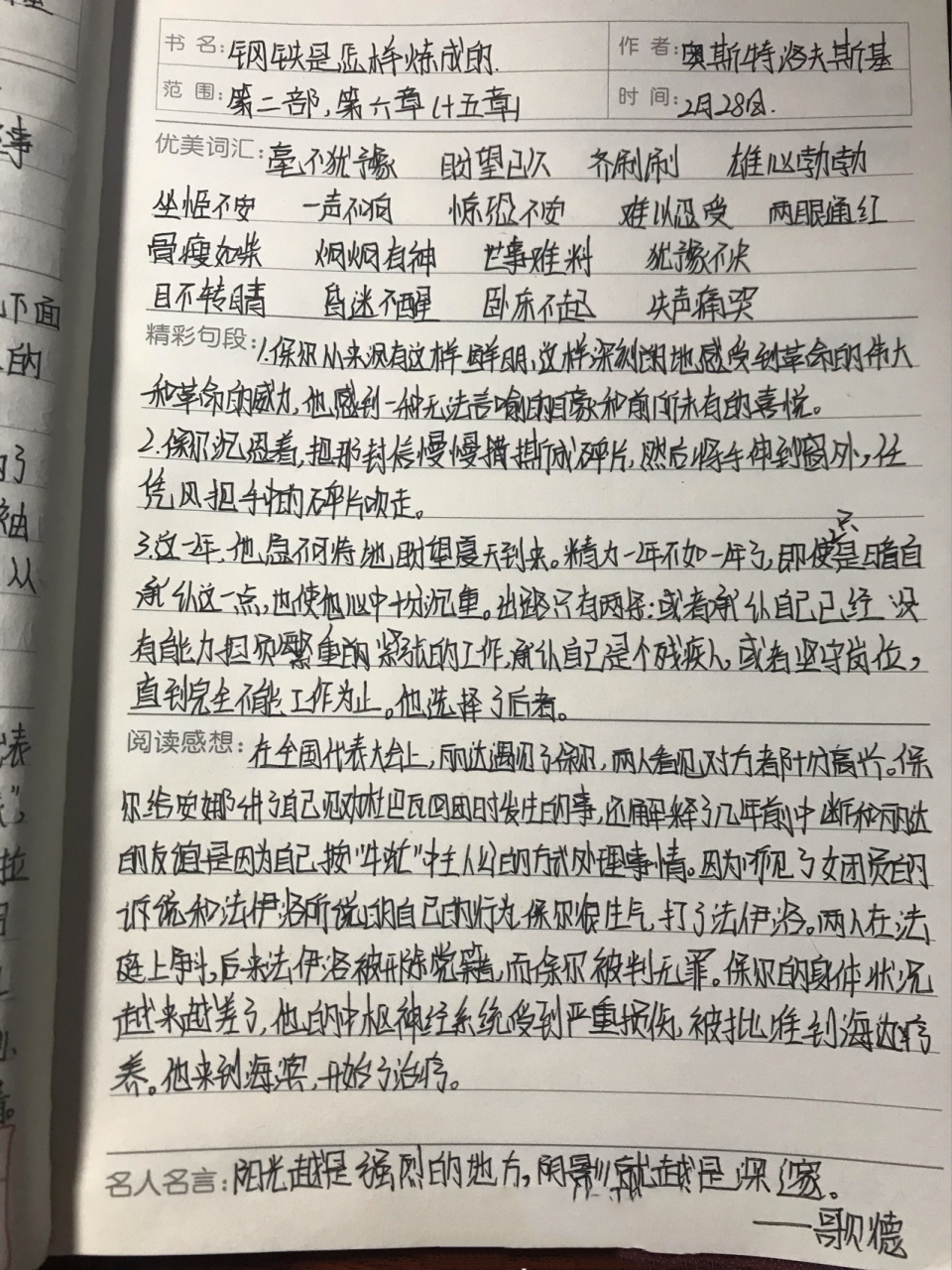 钢铁是怎样炼成的 十五章读书笔记 字丑勿喷!
