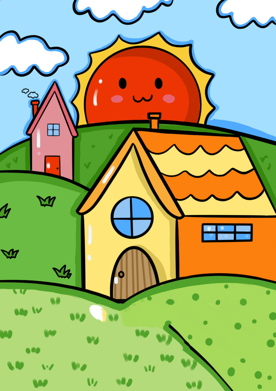 春天 小房子 儿童画 草地的不同上色方式 适合3～8岁宝贝