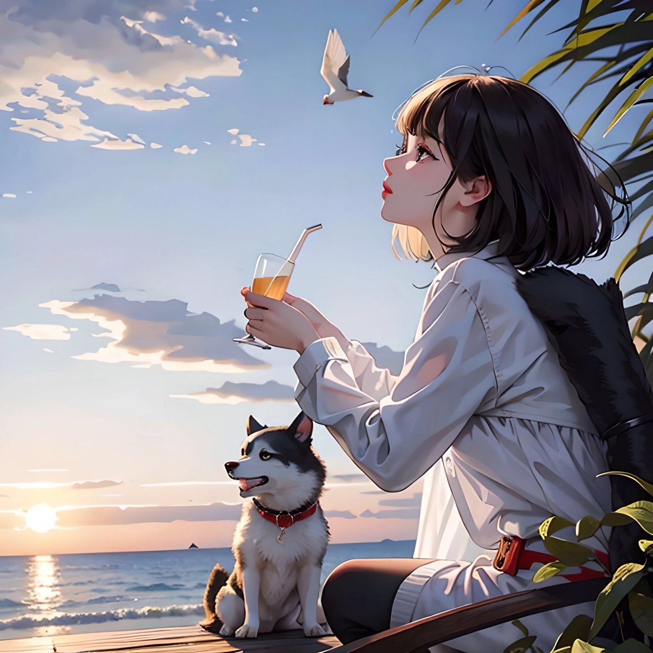 忧郁头像|系列六 一个人夏天 一个人看海 一只狗陪我 #治愈系插画