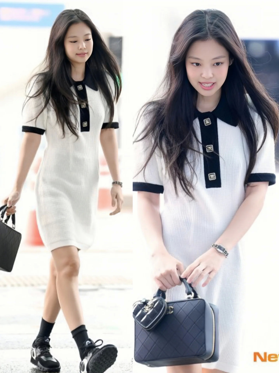 jennie今日机场私服,穿小香连衣裙好清纯!