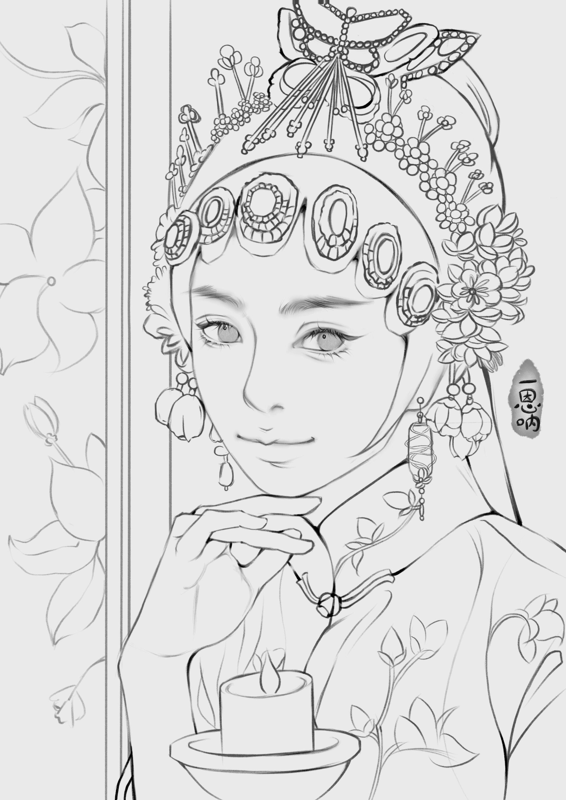 戏曲美人线稿 呼~在上课前画出来了呢