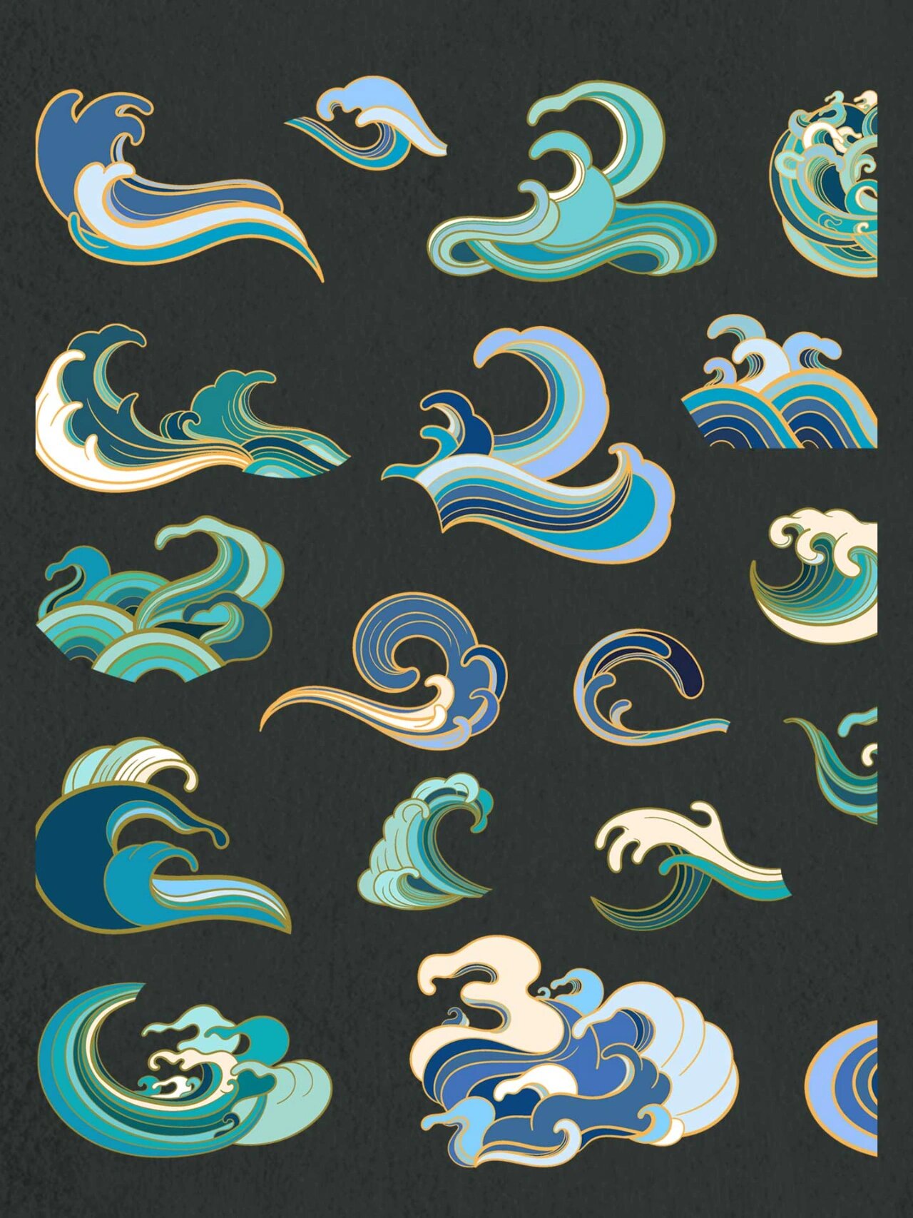国潮海浪花纹|矢量手绘设计素材合集 分享一组手绘国潮