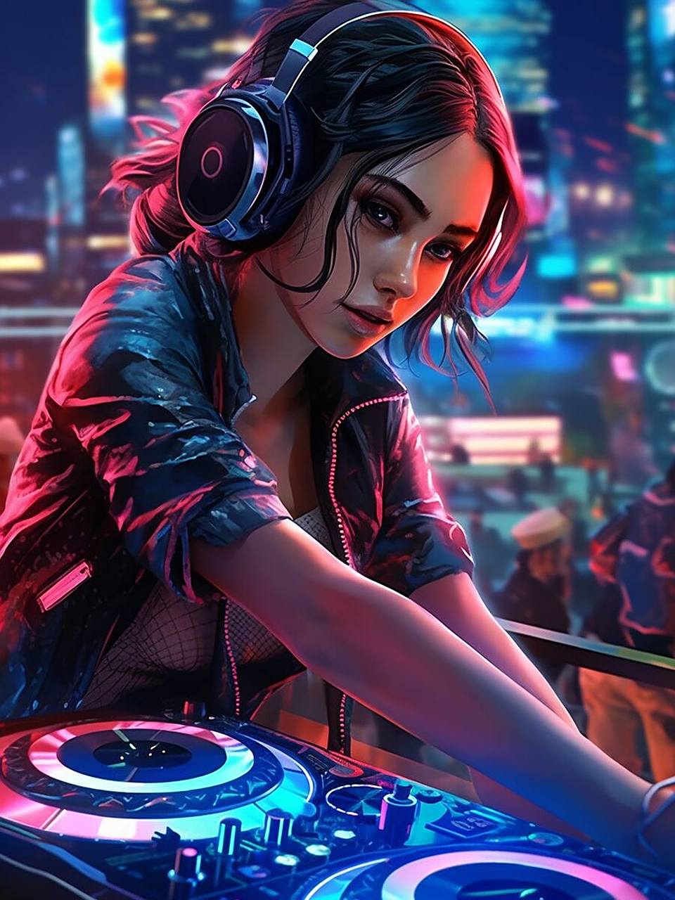 完整关键词 俱乐部的dj甲板霓虹灯上的感性热dj动漫女孩,背景,动漫