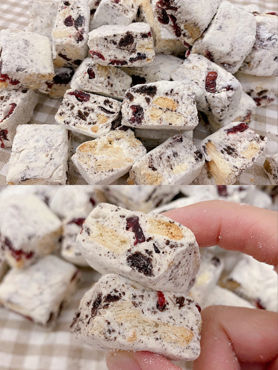 雪花酥和牛轧糖的做法挺像的,区别在于雪花酥里放了饼干,做好后洒一层