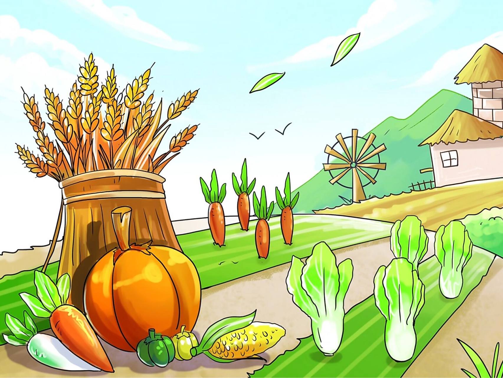 丰收插画|来看这丫头丰收的劲 [得意]一把一把稻谷打,姑娘的两手抓起