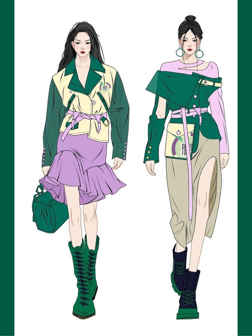 服装效果图| 绿紫互补色配色(二) 软件:corel draw2021