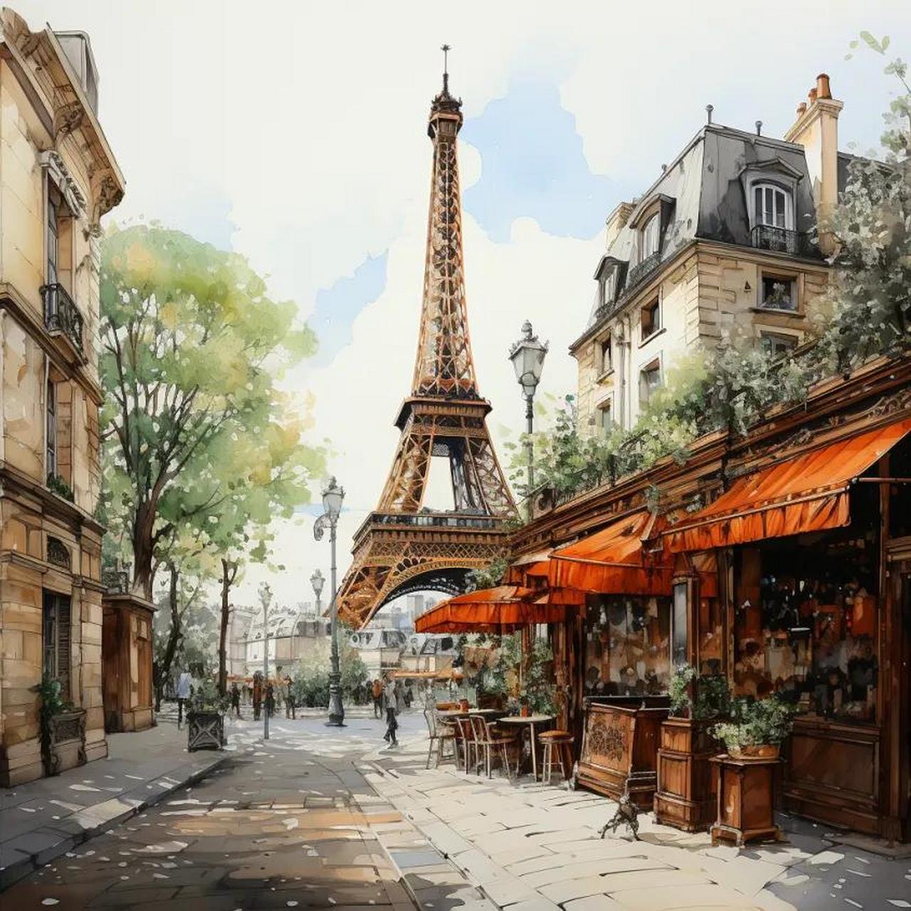 水墨素描巴黎街景 ai绘画高清图片头像风景