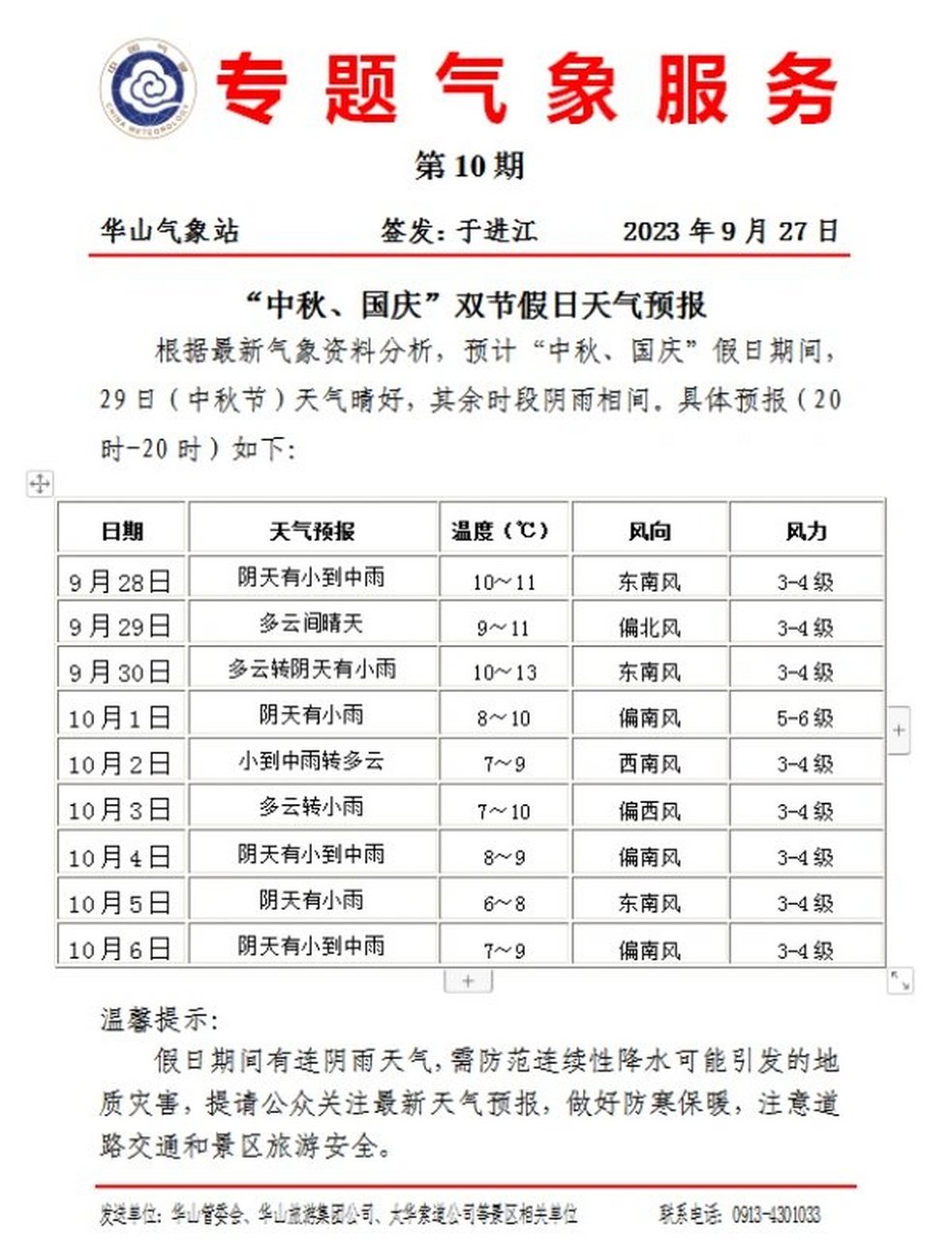 华山天气|国庆假期华山天气预报 华山未来几天天气预报如图~山岳景区