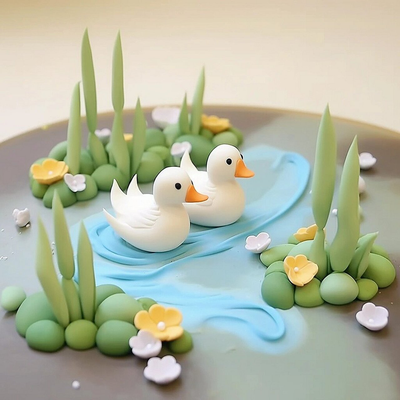 粘土~池塘里的小鸭子好可萌有没有 鸭子来游泳啦~ai粘土手工画