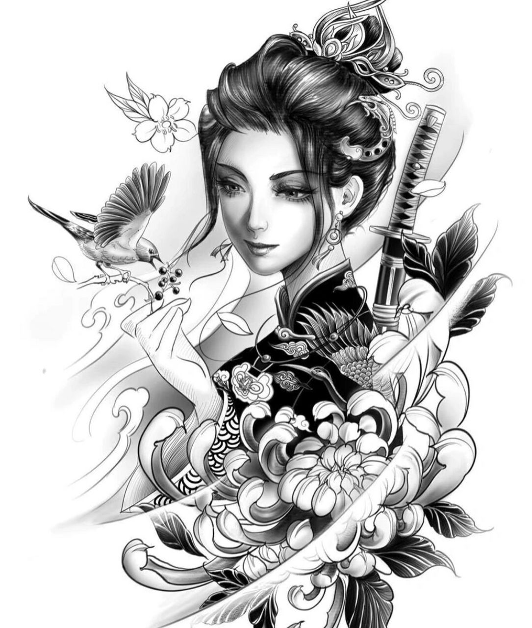 艺伎纹身手稿//武汉刺青 温柔,甜美 艺伎的形象是日本男人幻想中最