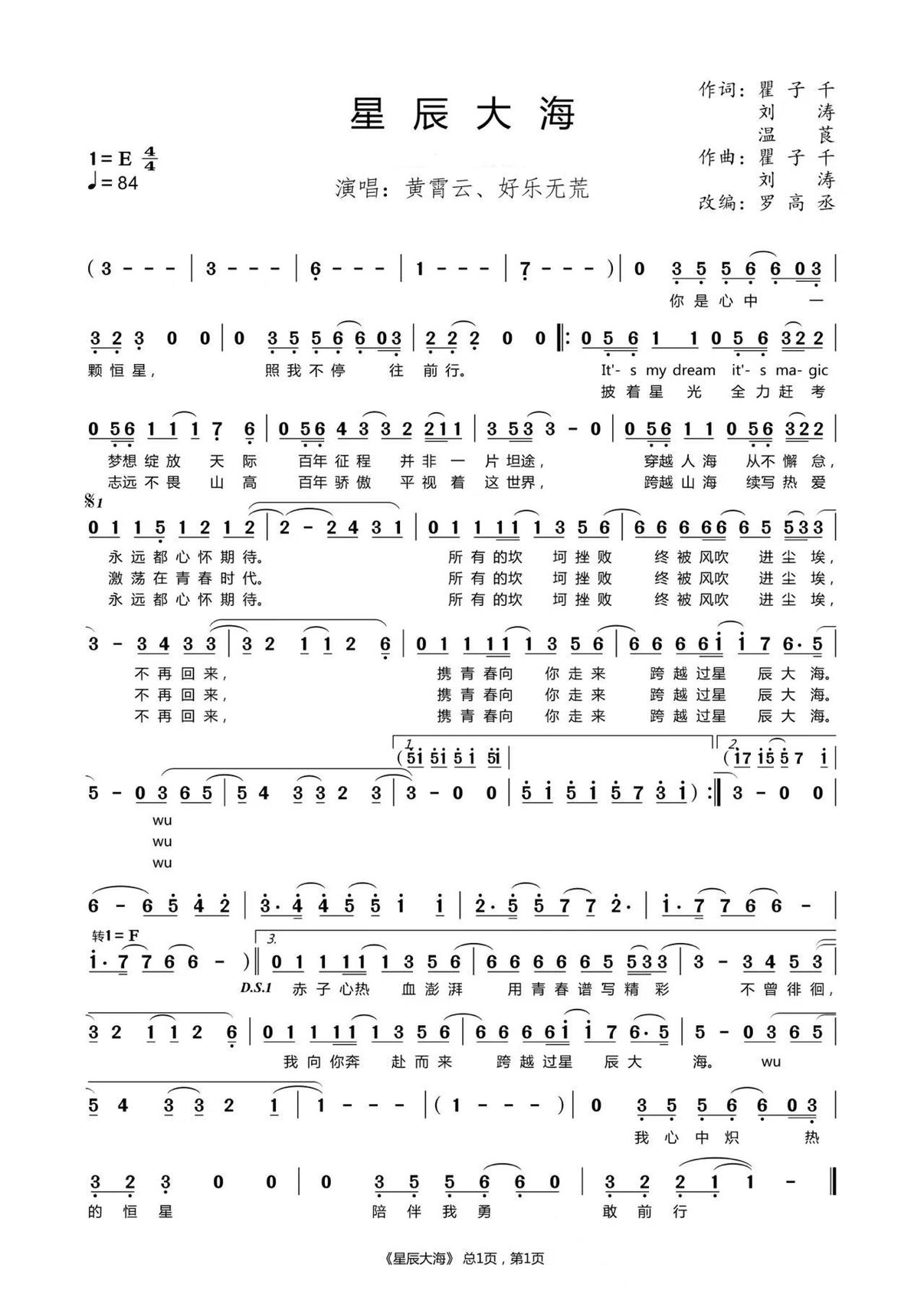 《星辰大海》e调 简谱@十一点失眠的动态