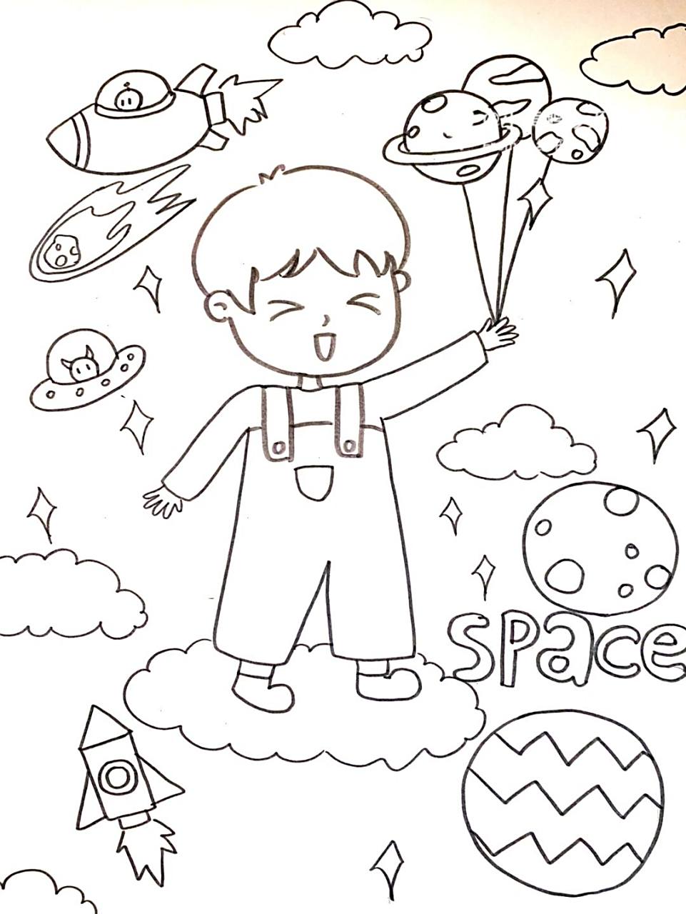 马克笔# #卡通画# #儿童画# #太空主题画# #太空人儿童画# #男生简笔