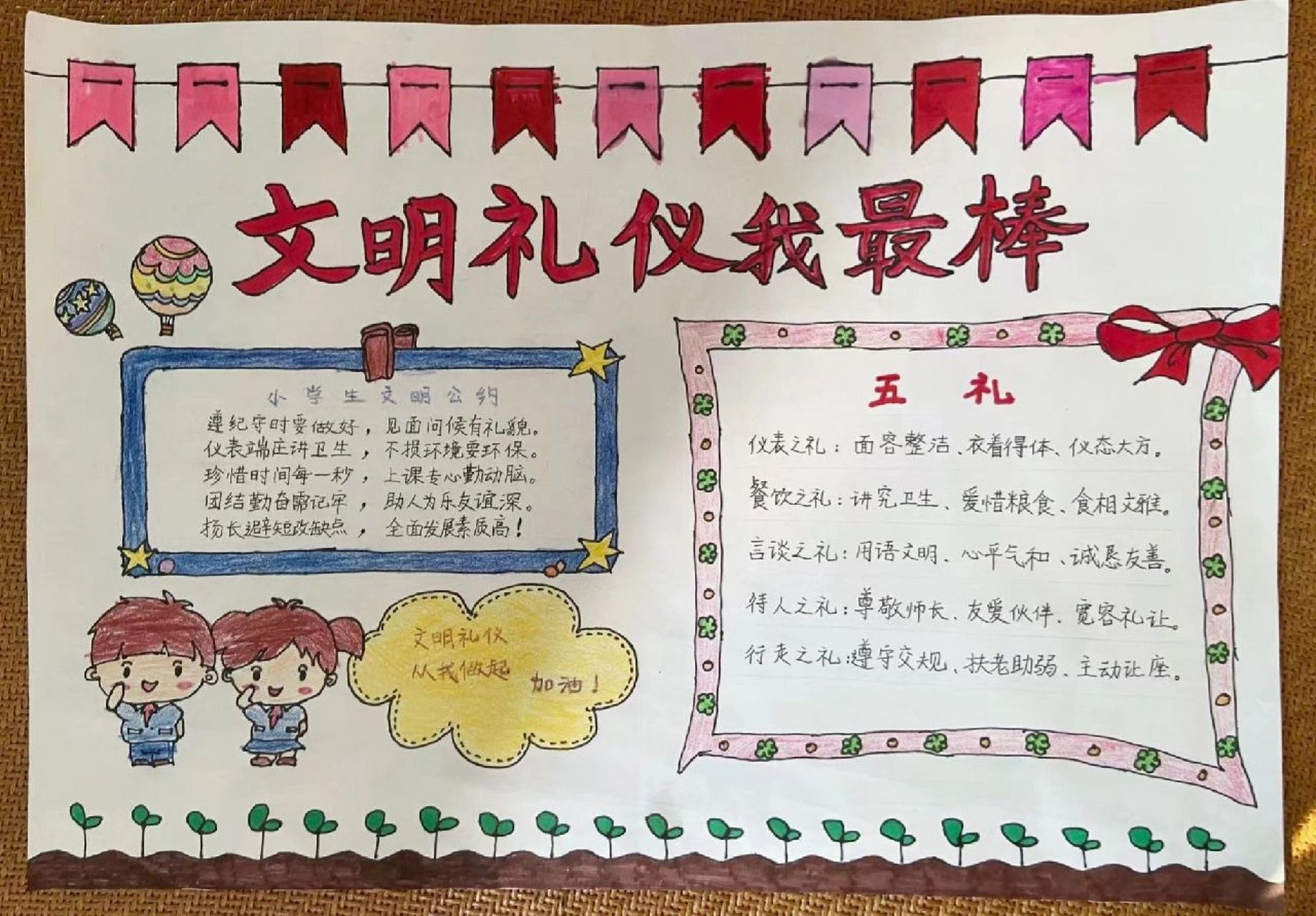 手抄报～小学一年级～文明礼仪我最棒 分享下跟娃完成的第一份手抄报