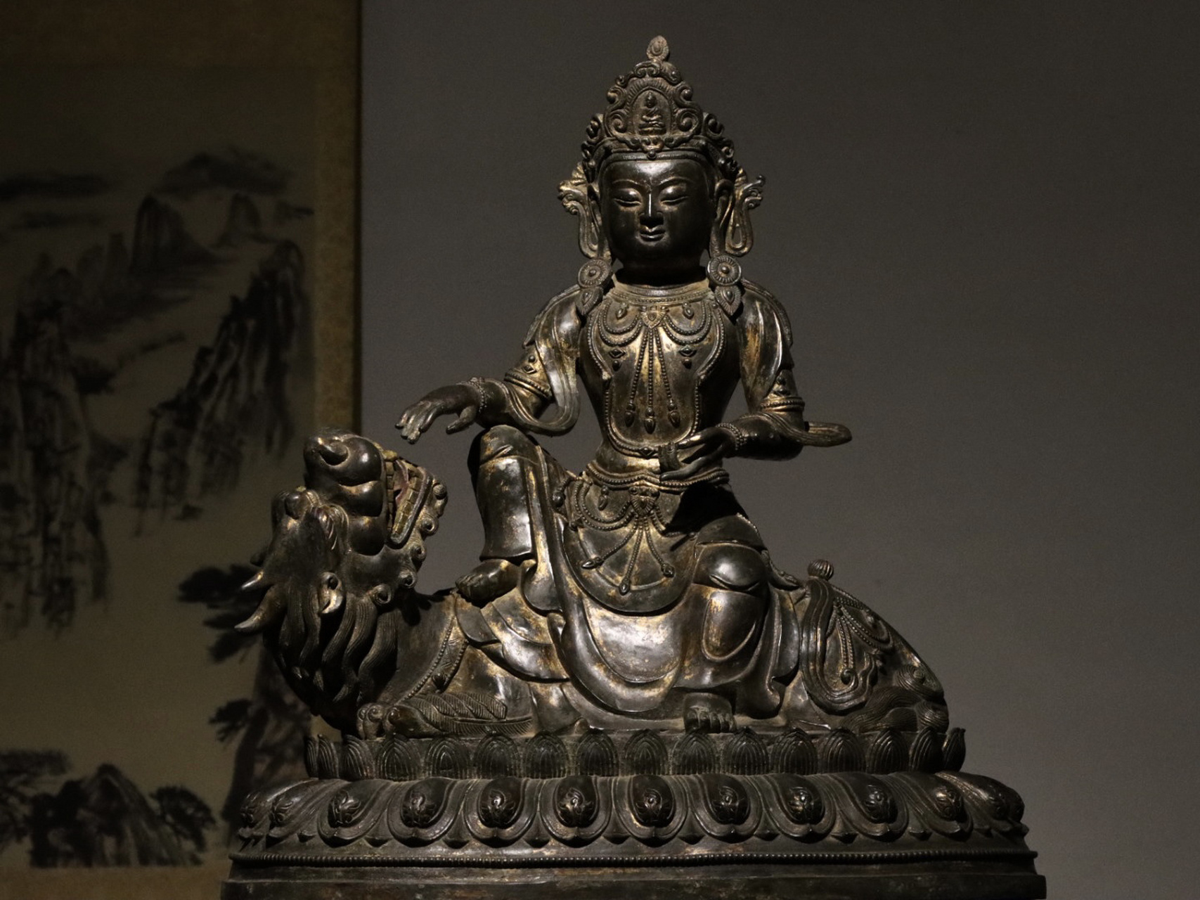 文殊菩萨 文殊菩萨造像紫铜鎏金   重89.