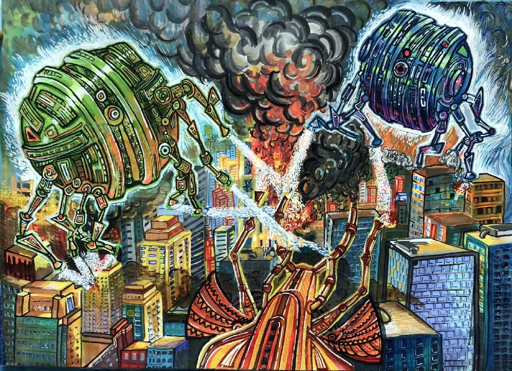 科幻画一等奖作品欣赏  未来的消防安全护卫队 火灾是严重危害人类