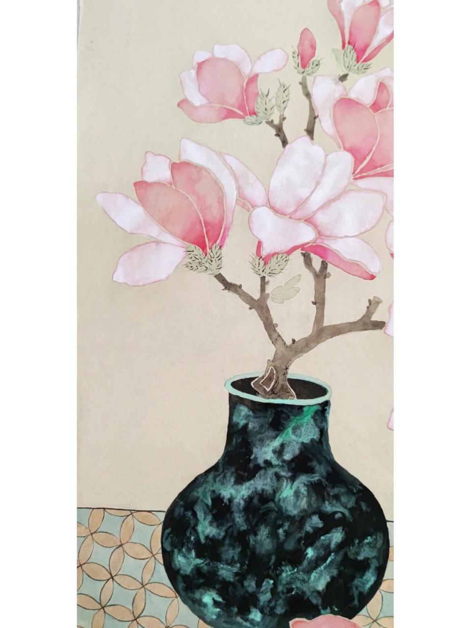 没骨玉兰国画没骨花卉现代工笔装饰画工笔画 炎热的夏天,一枝粉玉兰