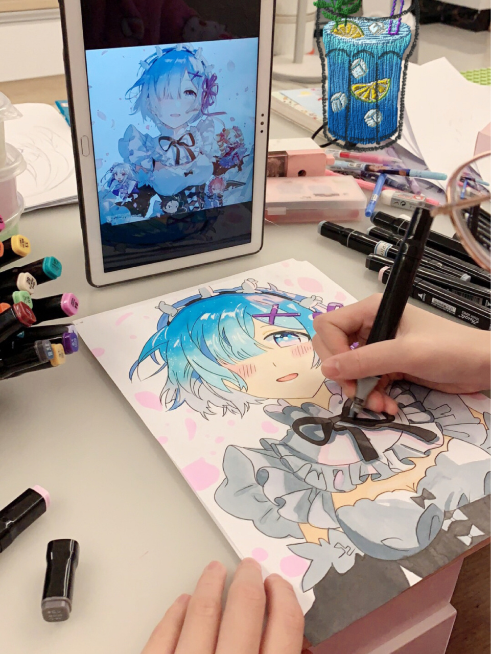 马克笔 动漫 临摹|蕾姆(带色号) 蕾姆的蓝色绝对是最令人印象深刻的.