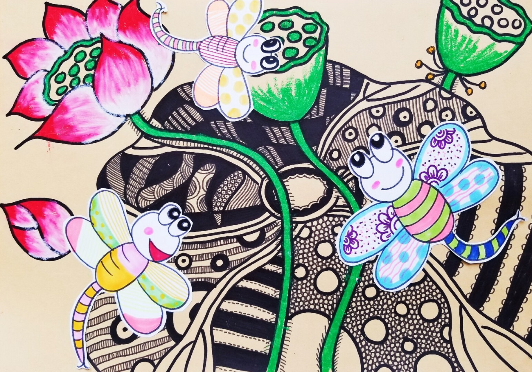 荷花#线描#儿童画#线描装饰画 接天莲叶无穷碧,映日荷花别样红.