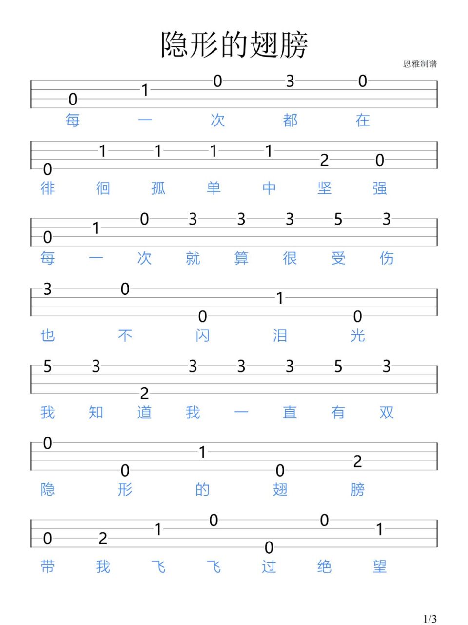《隐形的翅膀》张韶涵/尤克里里新手指弹谱 "我知道我一直有双隐形的