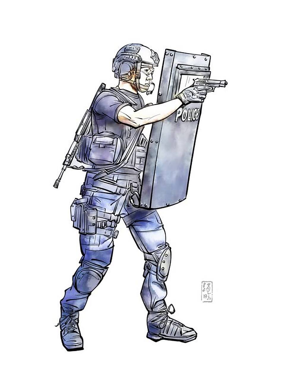 《特种部队54特警》钢笔淡彩 白描 线性速写