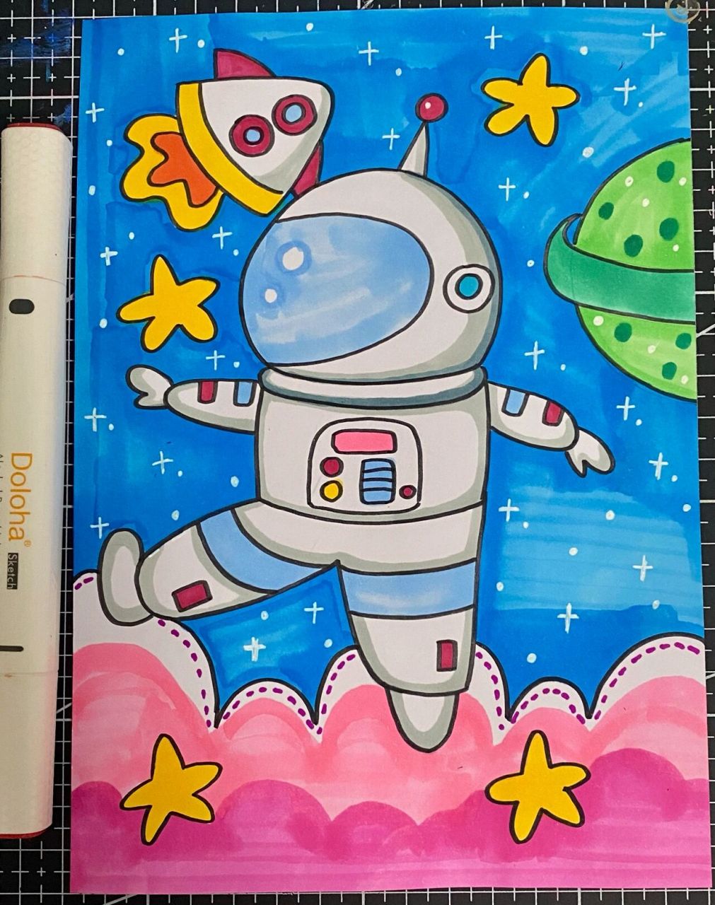 太空漫步儿童画 火箭发射 星球卡通创意画 马克笔 多乐绘