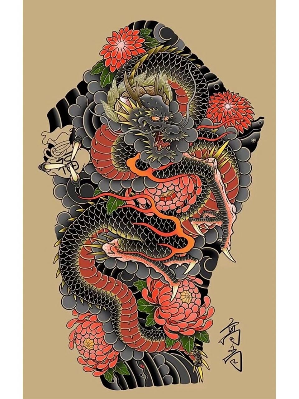 花腿龙 日式老传统花腿龙纹身手稿