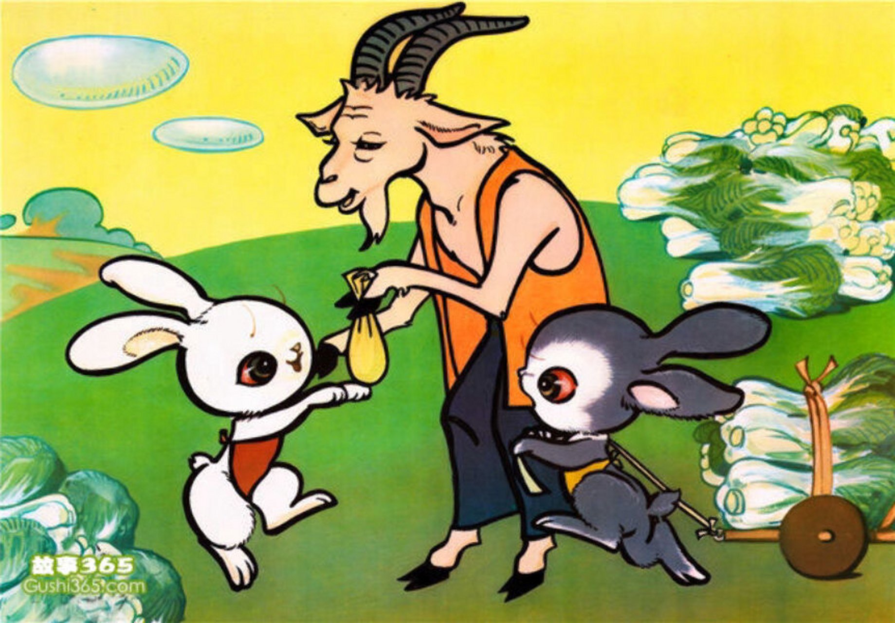 小灰兔收下白菜,说:"谢谢您!"小白兔不要白菜,说:"您送我一些菜子吧.