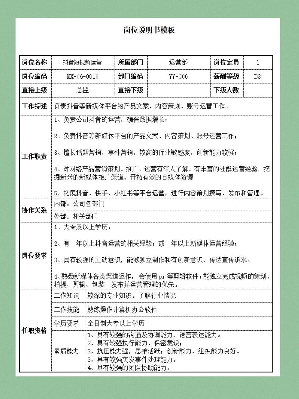 97抖音短视频运营岗位说明书jd模板 抖音短视频运营岗位说明书jd