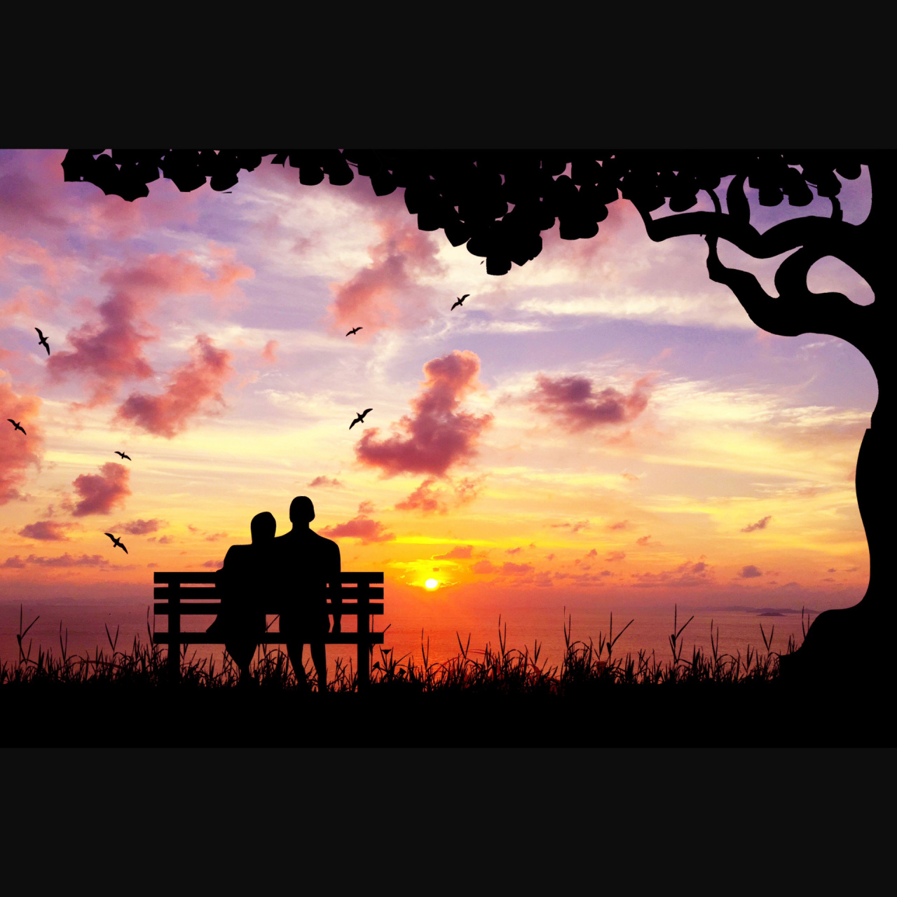 情人节情侣夕阳剪影创意背景图 2月14日虽然是西方的情人节 但是越来