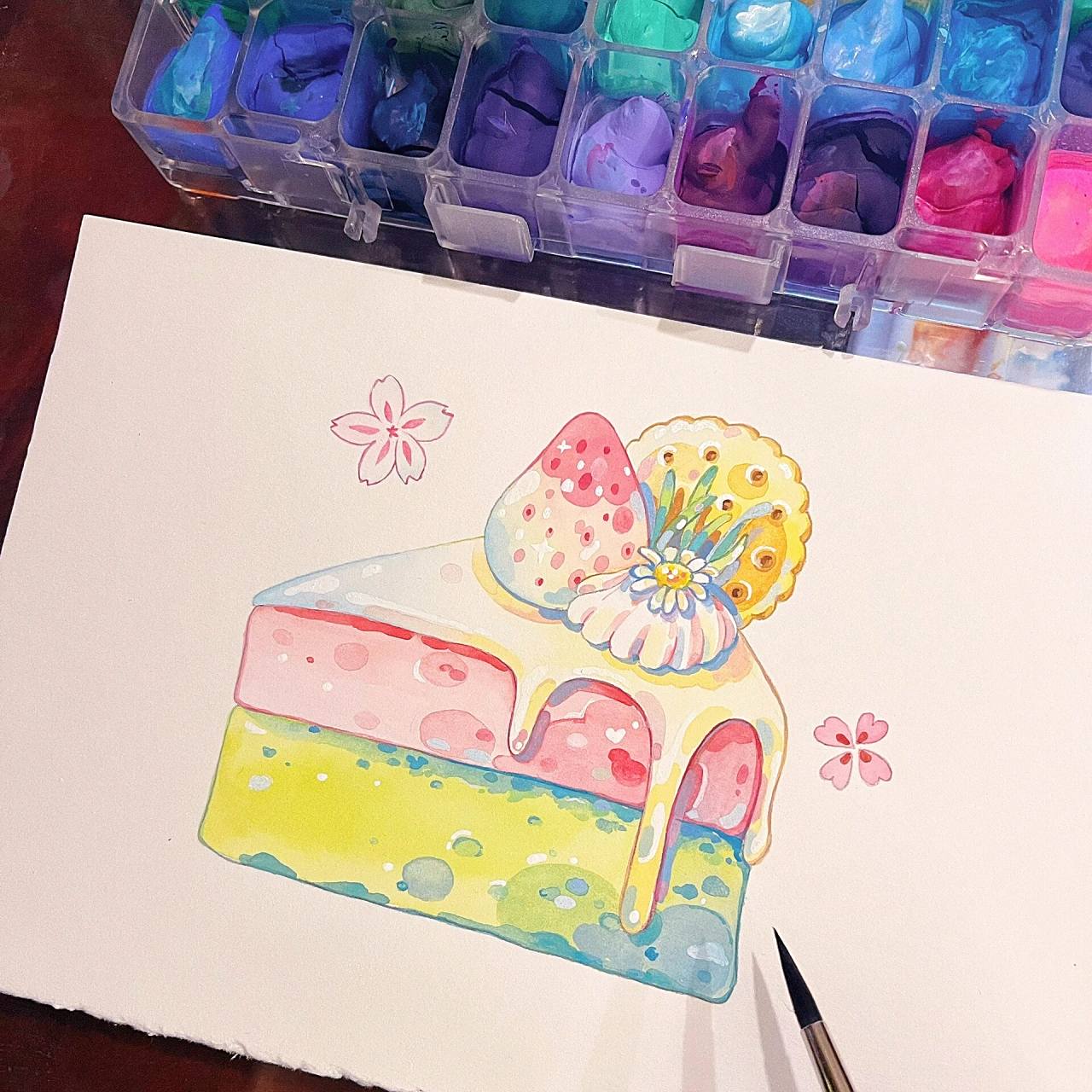 不透明水彩小蛋糕90 画了一个奶油草莓味的抹茶蛋糕~步骤图和线稿在