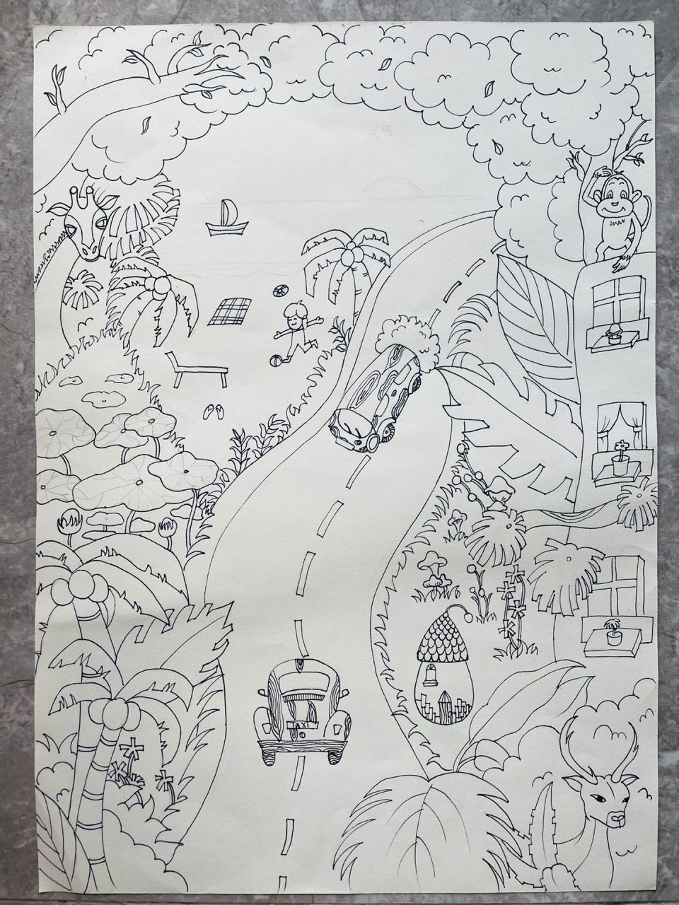 孩子学校留的美术绘画《心中的森林城市》和《喜迎二十大,携手自贸港