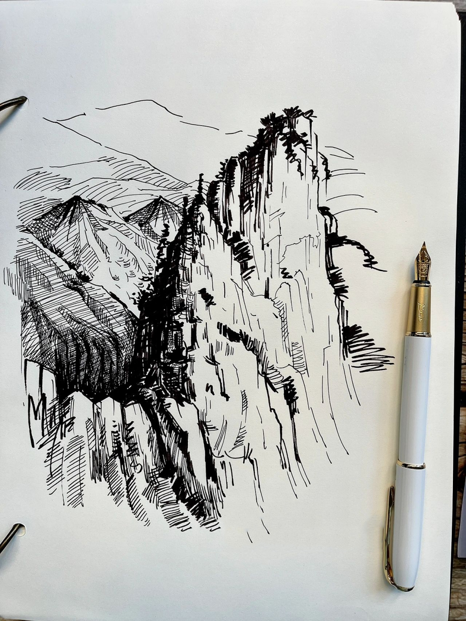 钢笔画|p197 风景速写 黄山险峰 纸:a4速写本 工具:毕加索艺术钢笔