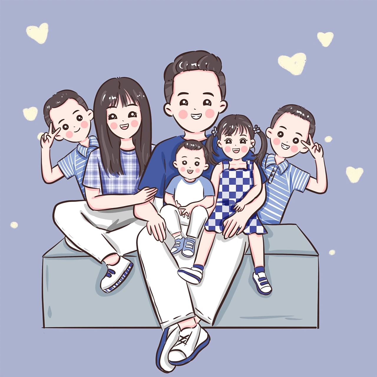 一家六口双胞胎手绘头像全家福也太幸福了吧