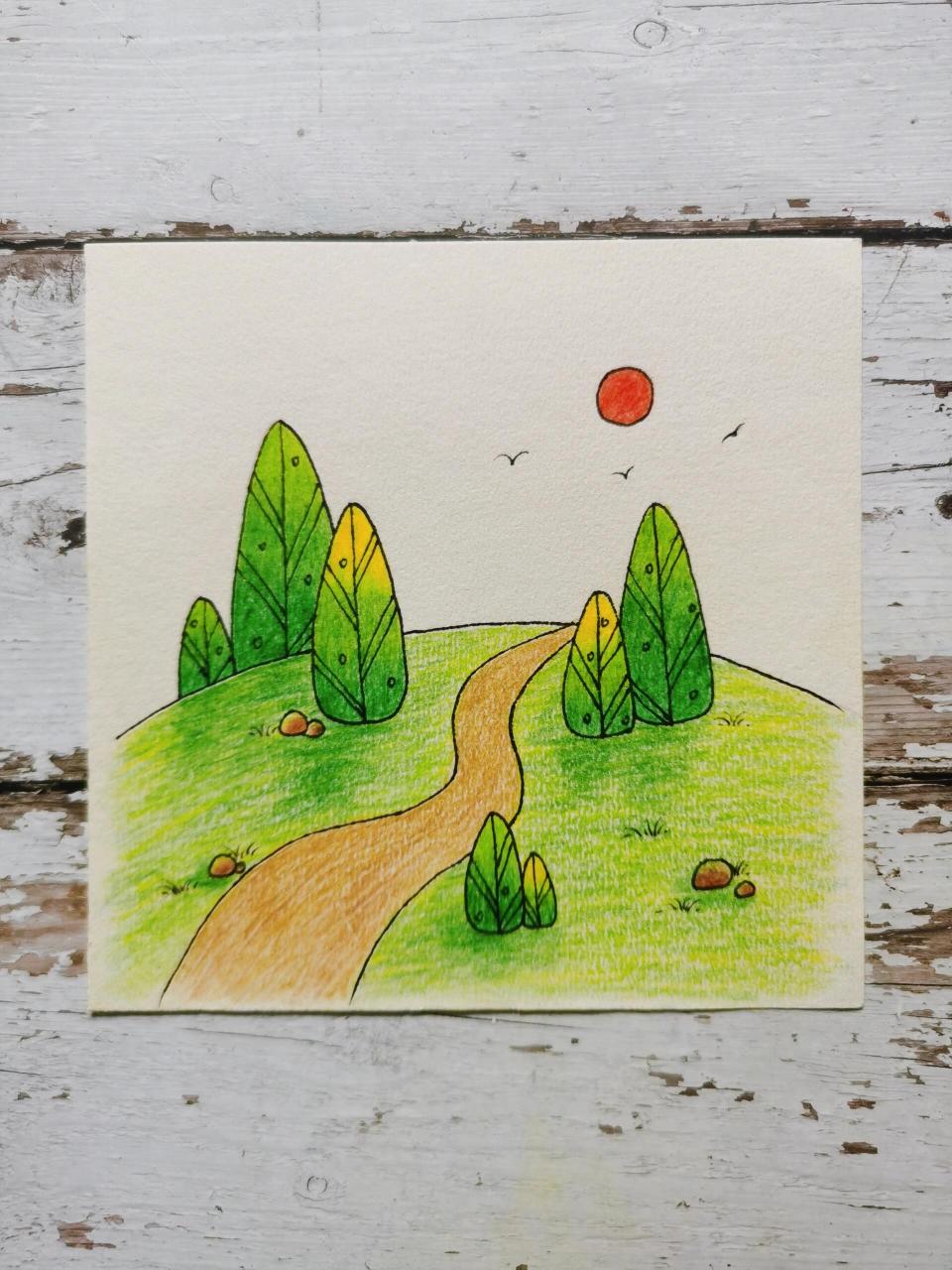 彩铅简笔画-春日风景 这个星期都在下雨,一场雨后春天就来了吧～ 画几