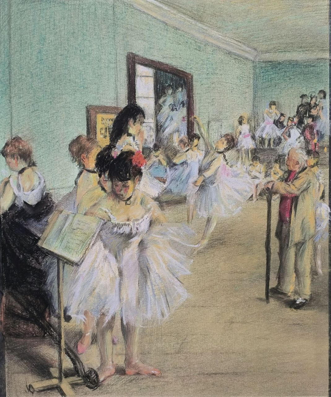 《舞蹈教室》德加     色粉笔速写的方式临摹一张德加的油画,学习大师