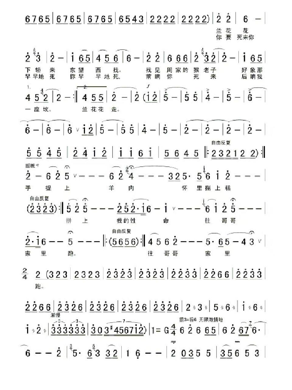 《兰花花》简谱