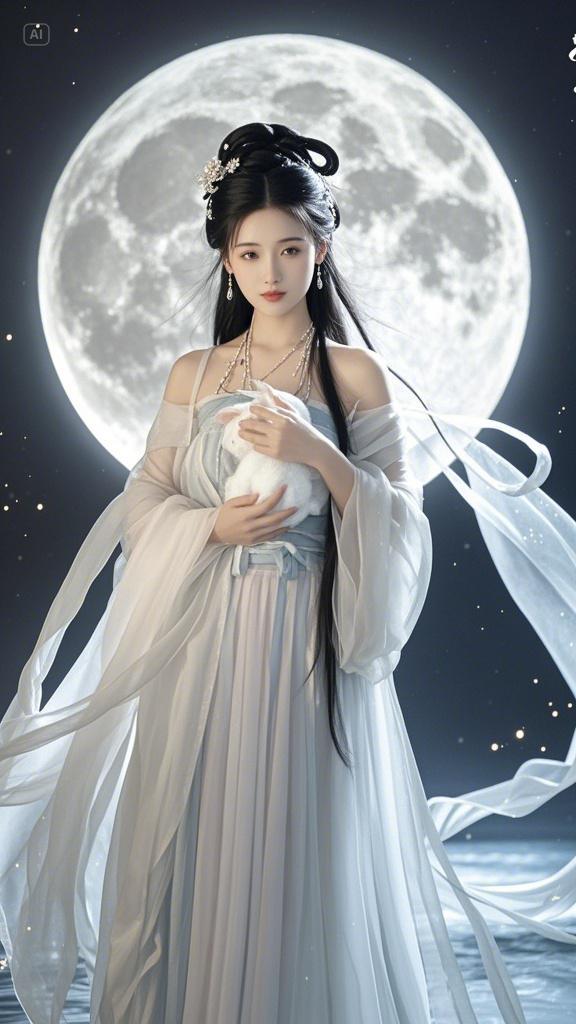 嫦娥,眉如远黛,青丝如瀑,柔顺地垂落在肩头,在月光下闪烁着如丝般的