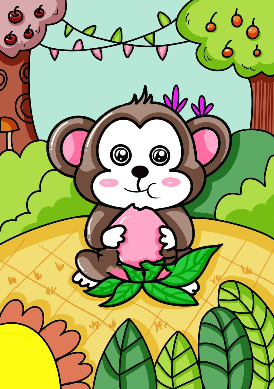 可爱的小猴子吃桃 创意画 儿童画