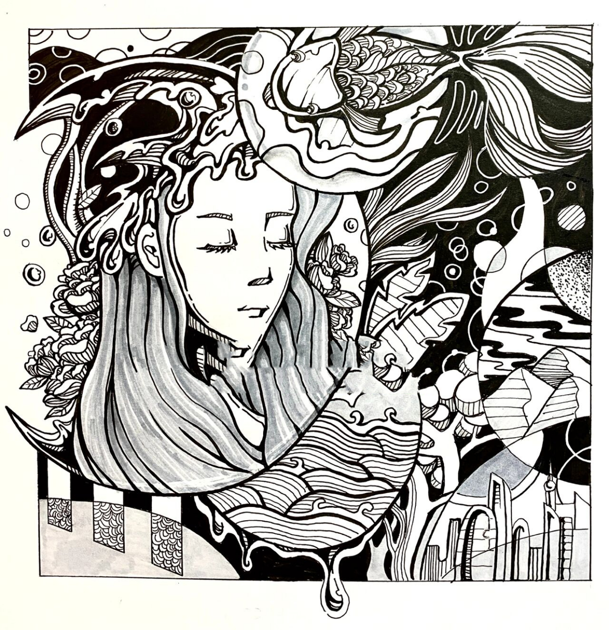 原创|人与自然主题黑白装饰画 主题:人与自然