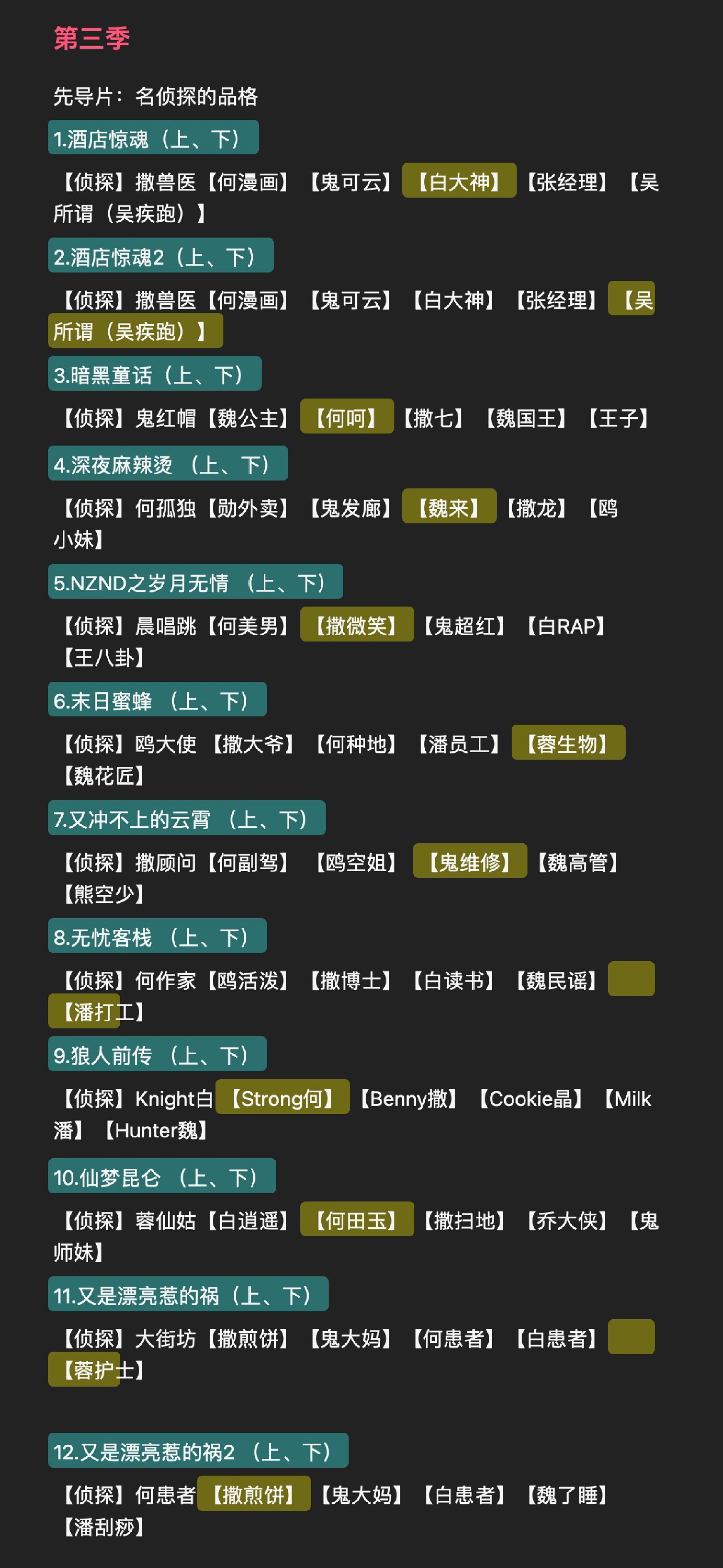 明星大侦探 8季目录及凶手 自存档