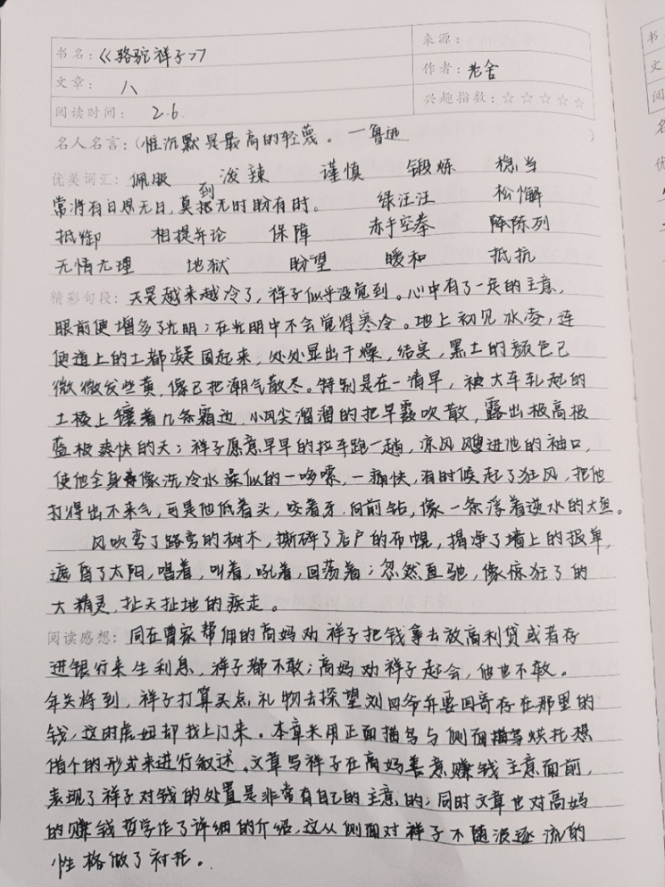 《骆驼祥子》第八章读书笔记 初中学习笔记