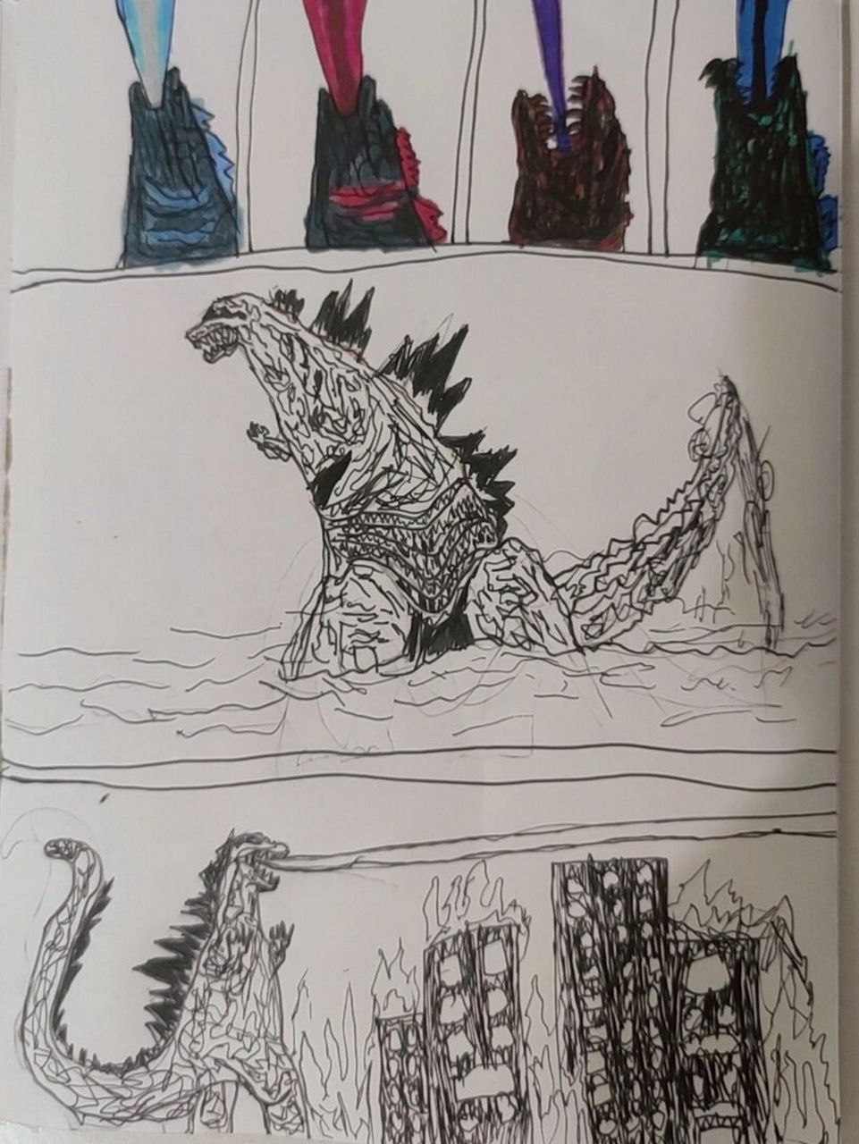 今日简笔画,小朋友画的哥斯拉