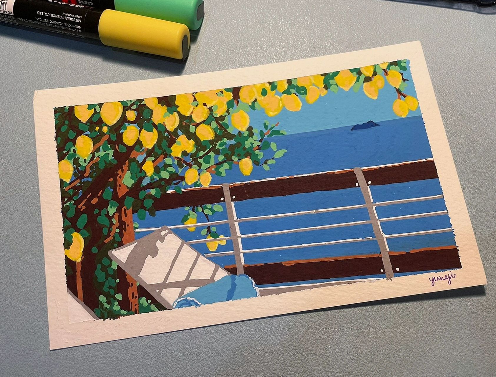 丙烯马克笔风景-柠檬树下(附简单教程) 这次拍了一个非常不成熟的教程
