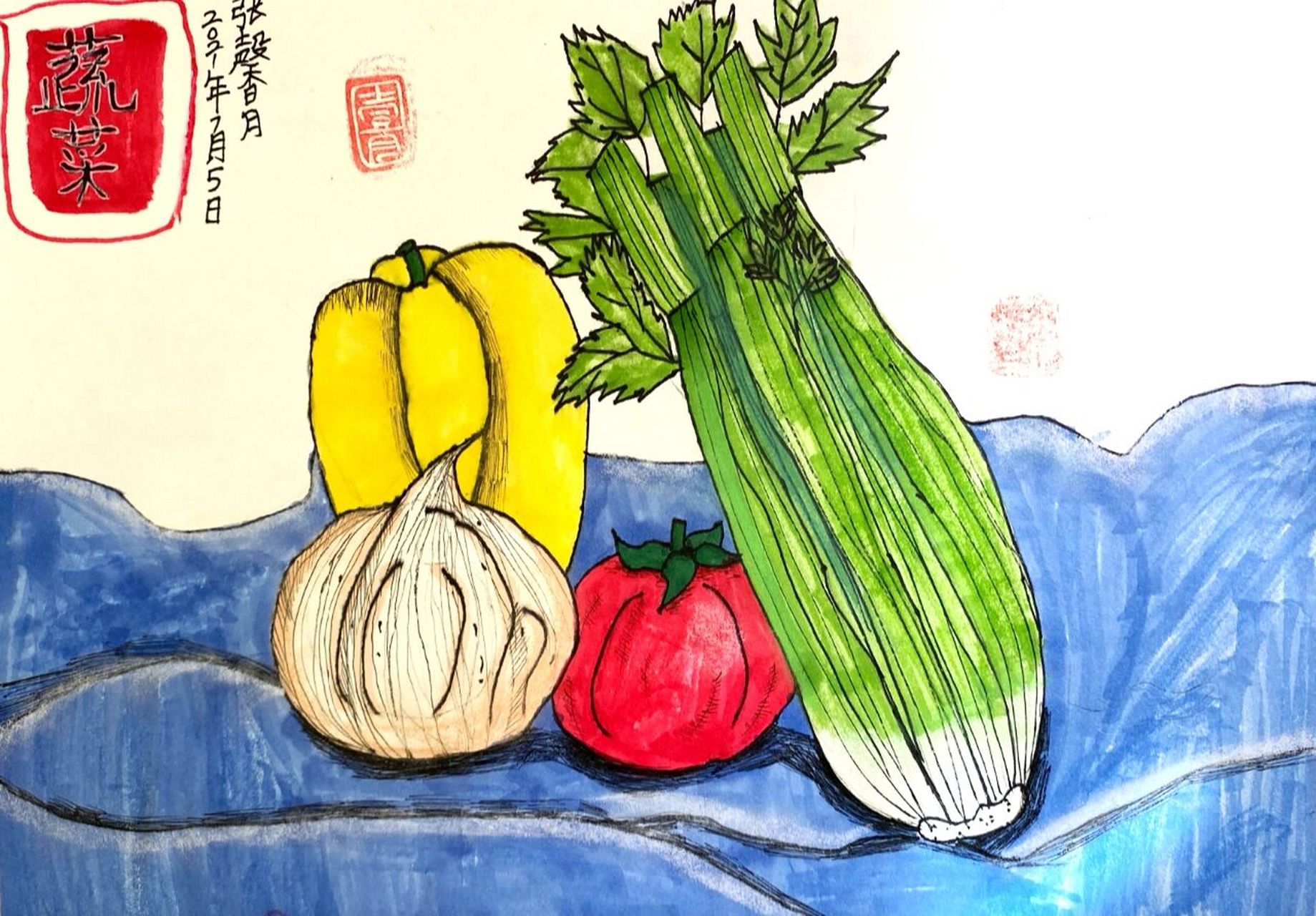 儿童绘画《蔬菜》马克笔 线描 色粉 写生 6-9岁儿童绘画 线描 写生