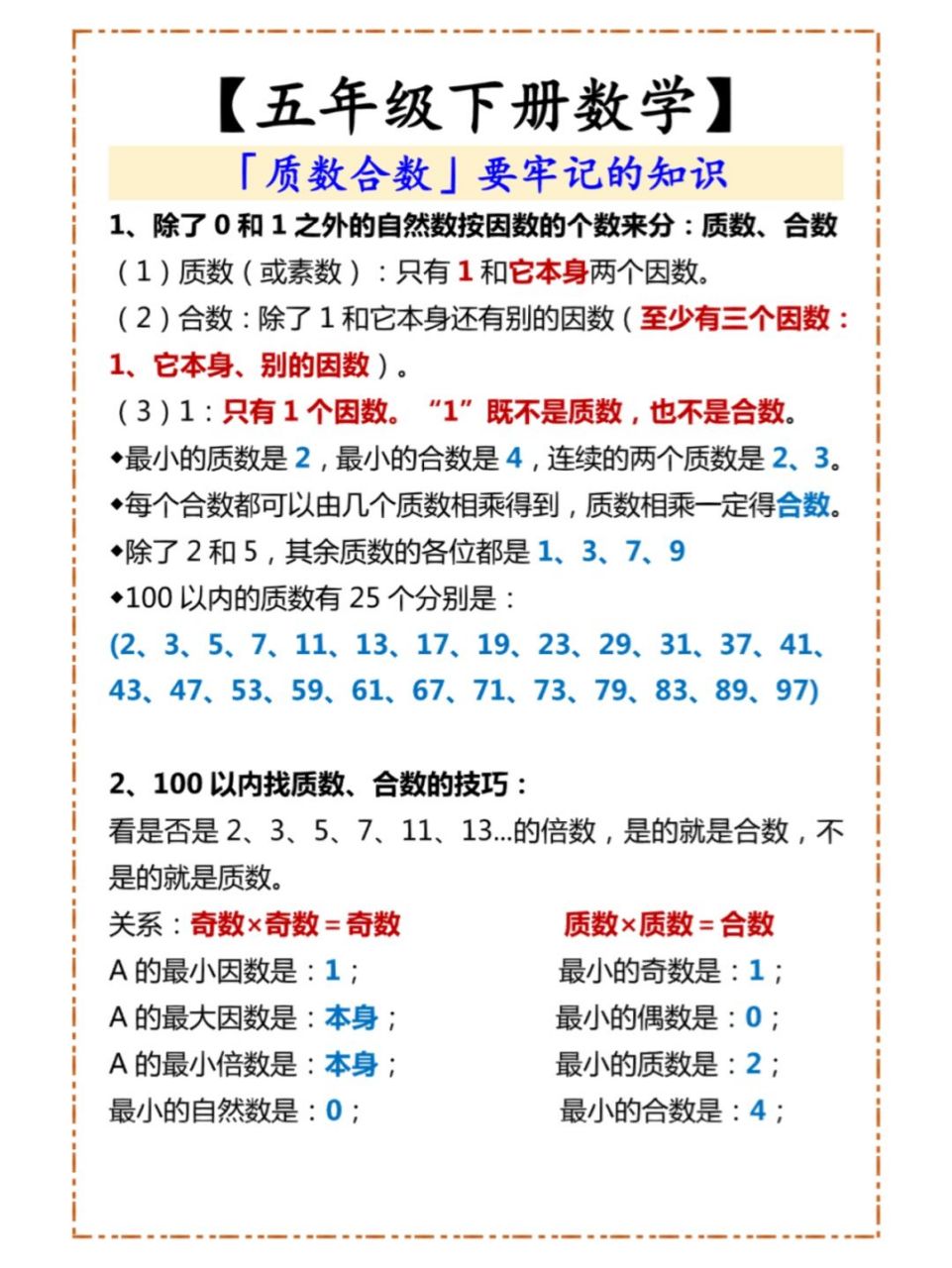 五下数学期末复习,质数合数知识点 #五年级数学# #知识分享# #期末